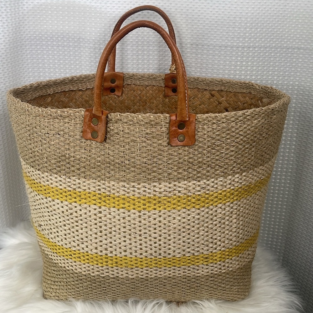 Mar Y Sol Cyprus Basket Tote Handwoven Raffia & Sisal Straw Market Beach Home - Picture 5 of 11